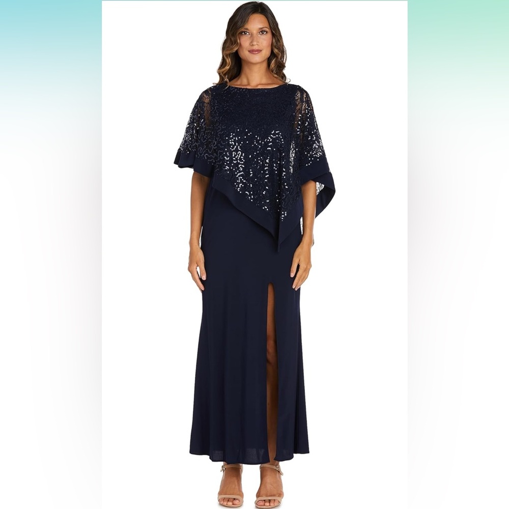 R&M Richards Navy Asymmetrical Sequin Dress